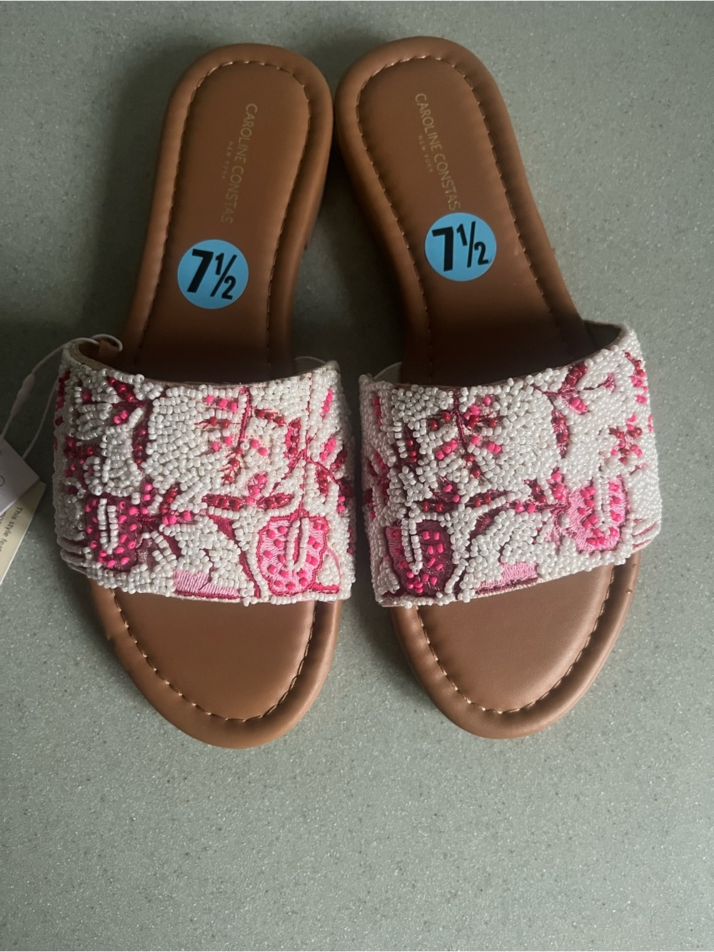 Caroline Constas Pink and White Beaded Slide Sandals 7.5 New